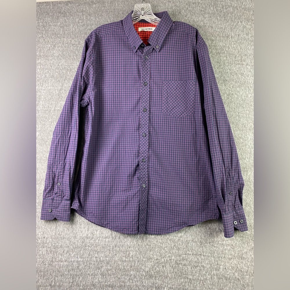 Ben Sherman Long Sleeve Button-Front Shirt Men's Large Purple and Navy Checked